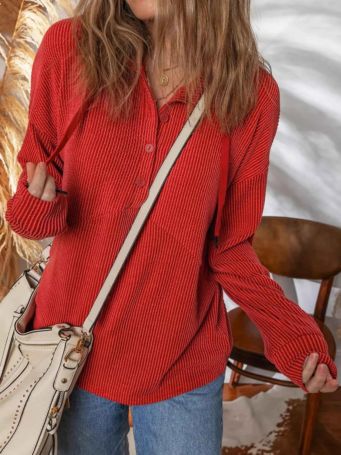 Twist Ribbed Half Button Collared Drawstring Top d3415ee8df324a91899df7ff6a7c285c-Max-Origin