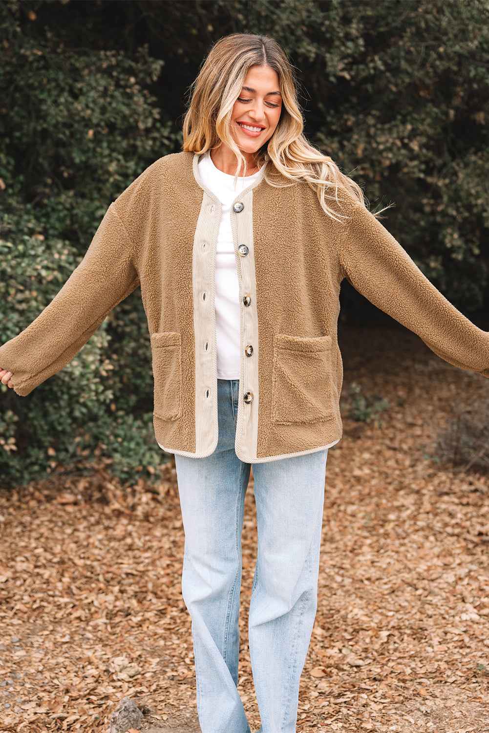 Light French Beige Puffy Plush Corduroy Edge Patchwork Jacket with Big Pockets d342132e373018ab