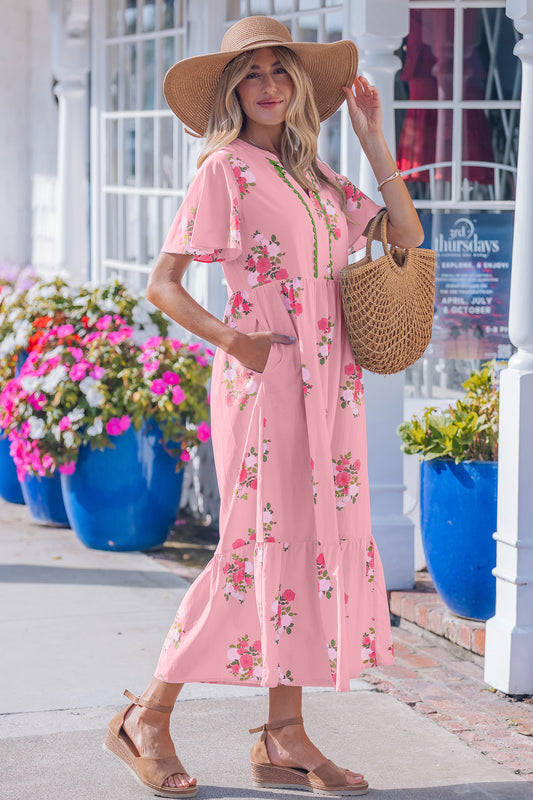Pink Notched Neck Flutter Short Sleeve Floral Print Maxi Dress d3428df3487f22e7