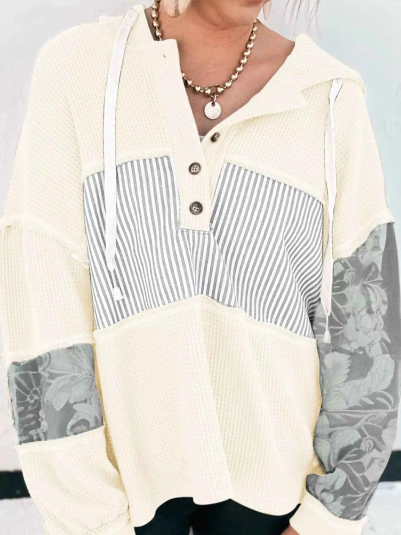 Waffle Knit Striped Drawstring Hoodie d343ab62-937c-4027-a8b0-eee7ae3daad4-Max-Origin