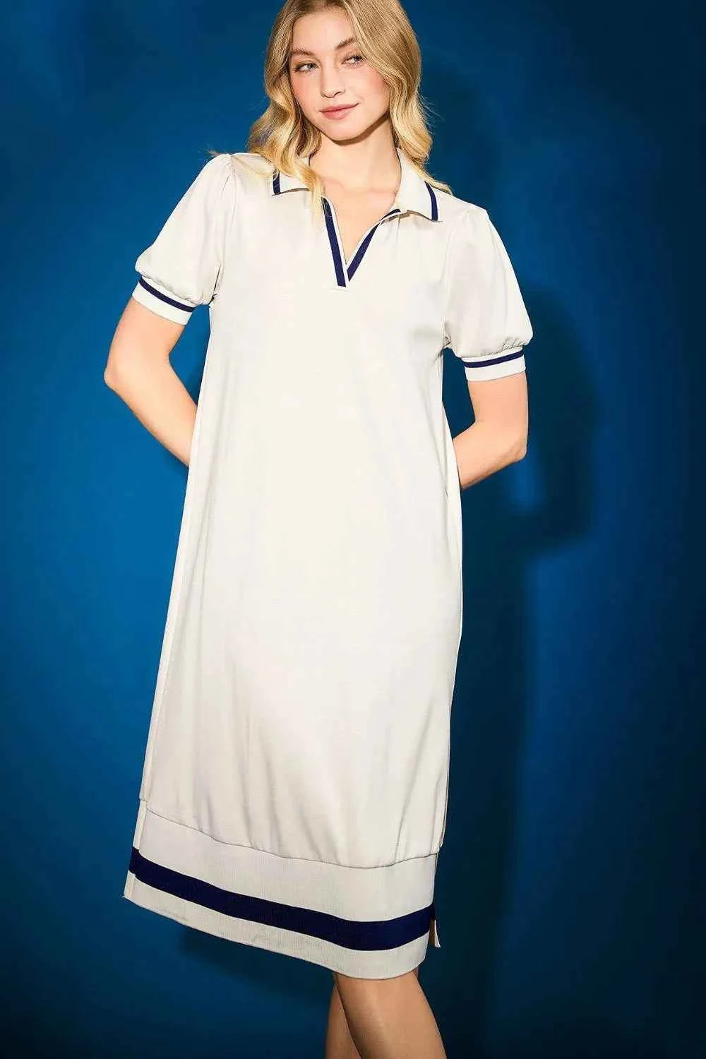 Side Slit Contrast Trim Short Sleeve Dress Cream d3452a95-ad86-4fc9-9fb7-fde9c176ac05-Max-Origin