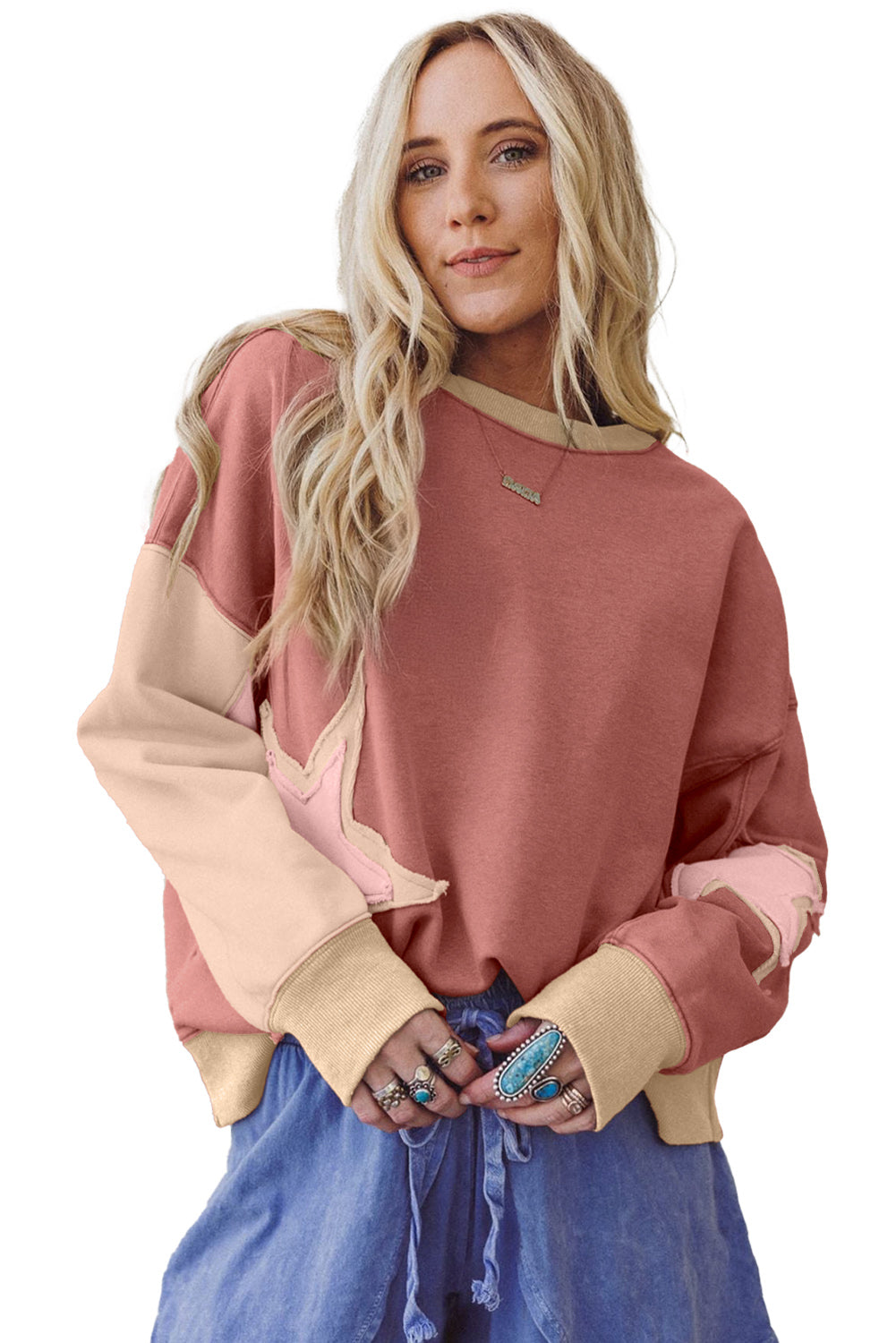 Rose Pink Star Patchwork Exposed Seam Uneven Hem Sweatshirt d34540fe406762d7