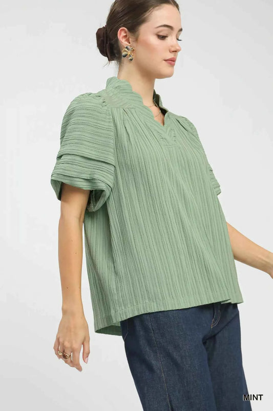 Umgee Seersucker Bubble Sleeve V-Neck Blouse d350d6e6-7b4d-49d0-a044-11d4c78ac98f-Max-Origin