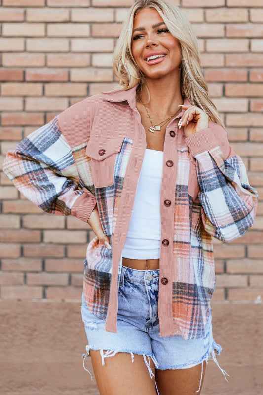 Plaid Corduroy Patchwork Pocketed Shacket d351bf57-dccf-4b2f-9358-0e43d2e33d0f