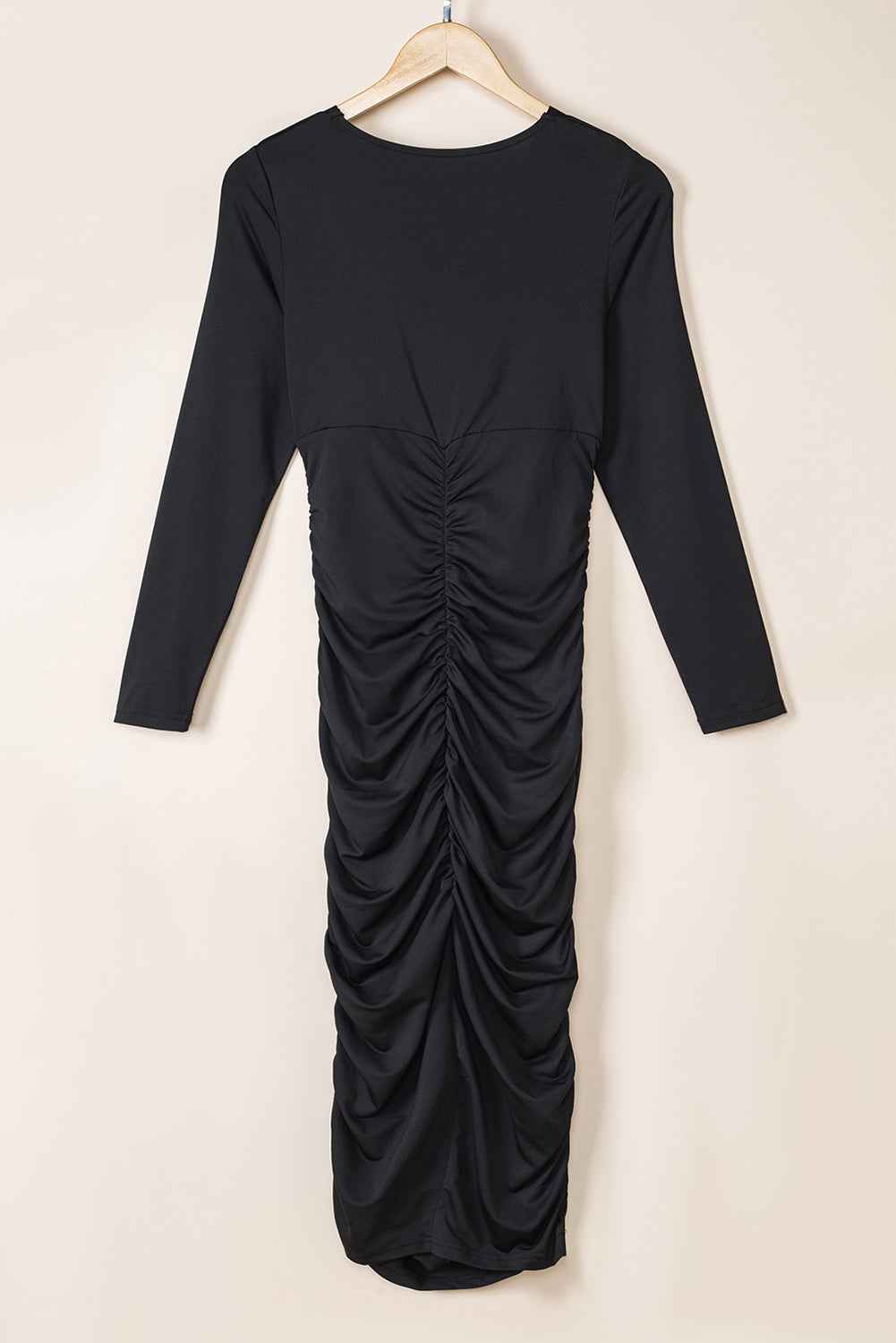 Black Long Sleeves Wrap V Neck Ruched Sheath Midi Dress d3540f5dd5e12da1