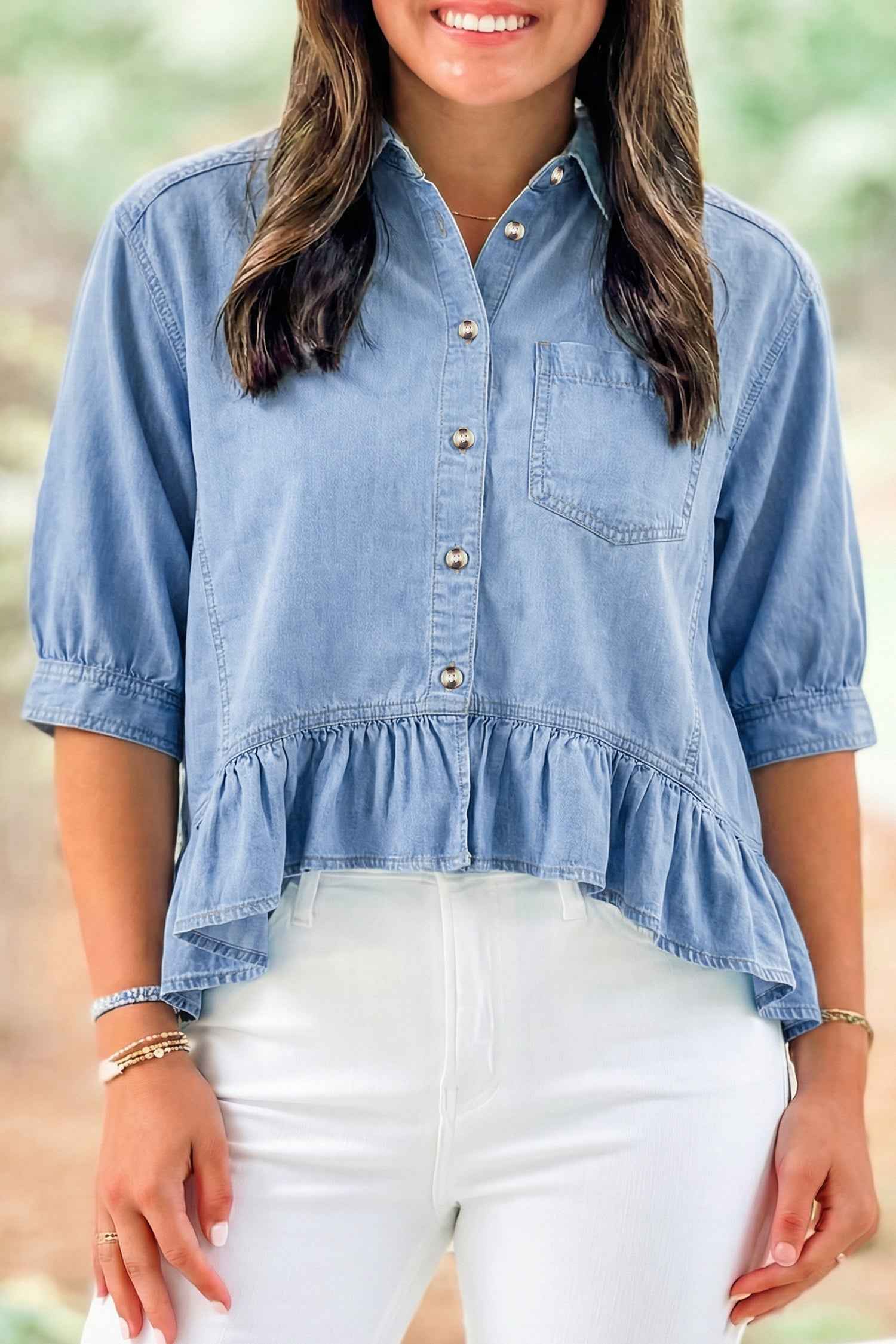 Beau Blue Half Sleeve Button Down Ruffled High Low Chambray Shirt Beau Blue 100%Lyocell d36364b55eefb473