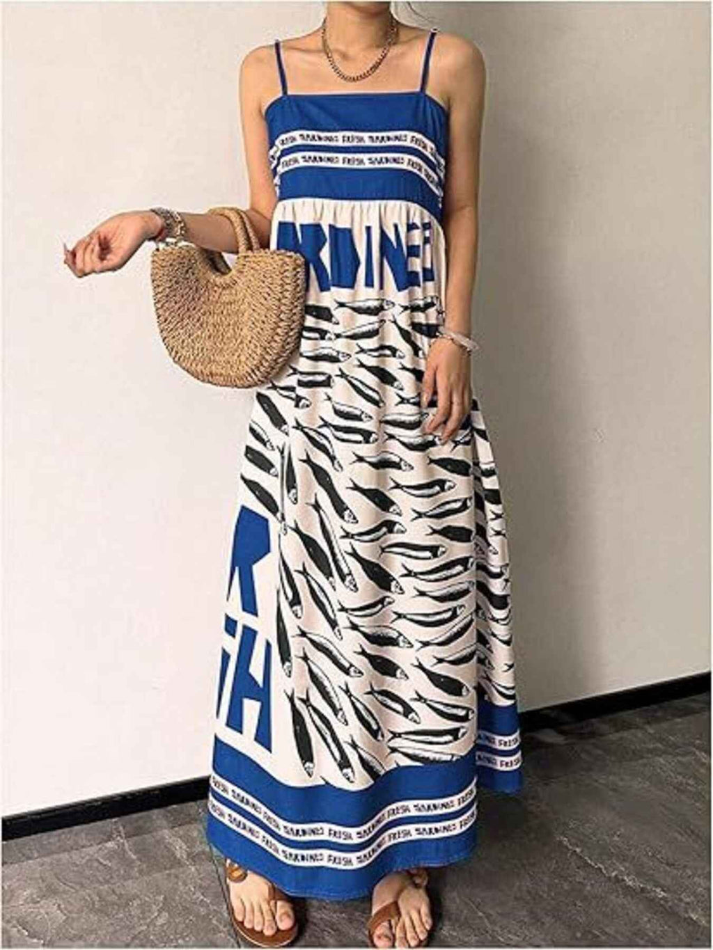 Sardine Print Spaghetti Strap Maxi Dress d363b1c6d62c4ae2b771dbf1f37f1ee3-Max