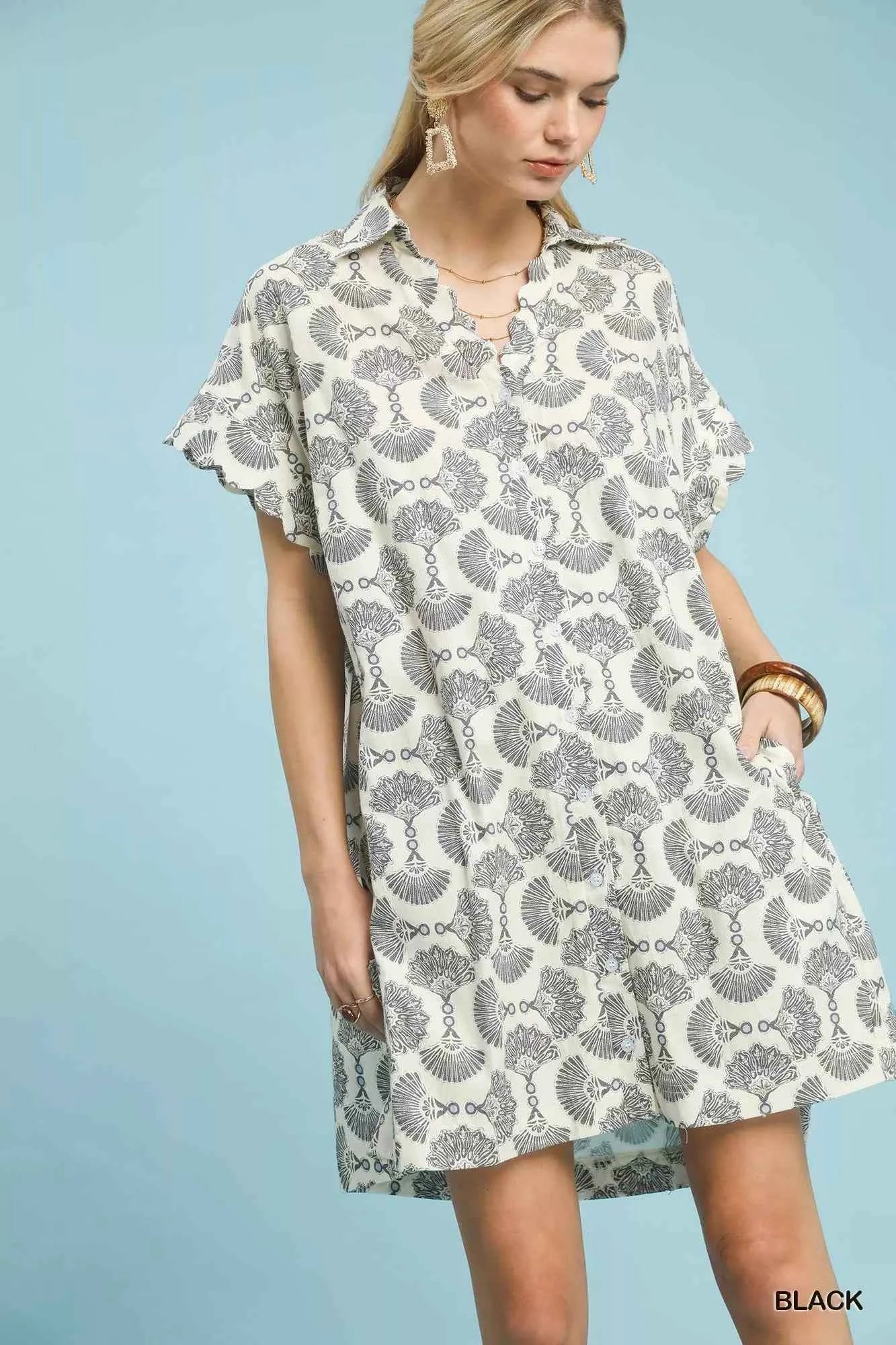 Umgee Printed Button Front Shirt Dress Black d3747690-e19e-4804-9b5f-ac12b0c08ad0-Max-Origin