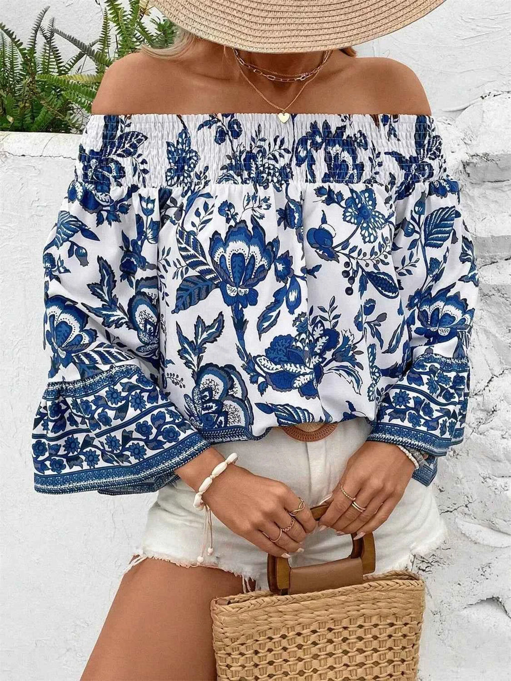Smocked Printed Off-Shoulder Blouse Navy d3780b30-49cd-4adc-aaaa-df177bf6212c-Max-Origin