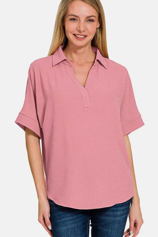 Zenana Texture Collared Neck Short Sleeve Top Lt Rose d37d9fd8-4b2c-41b3-ba5d-11f729d4fc71-Max
