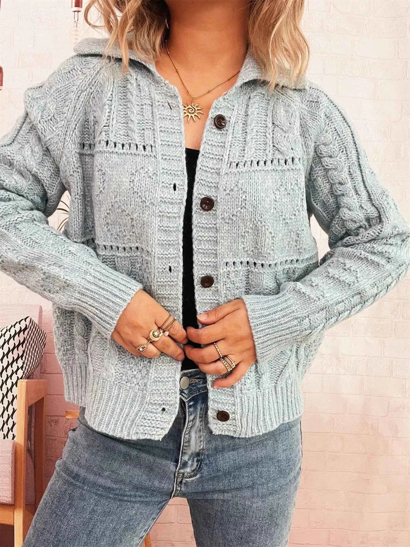 Openwork Cable Knit Button-Up Cardigan Blue One Size d37ef32e17934ff1bb7d06b7434d5cf7-Max-Origin
