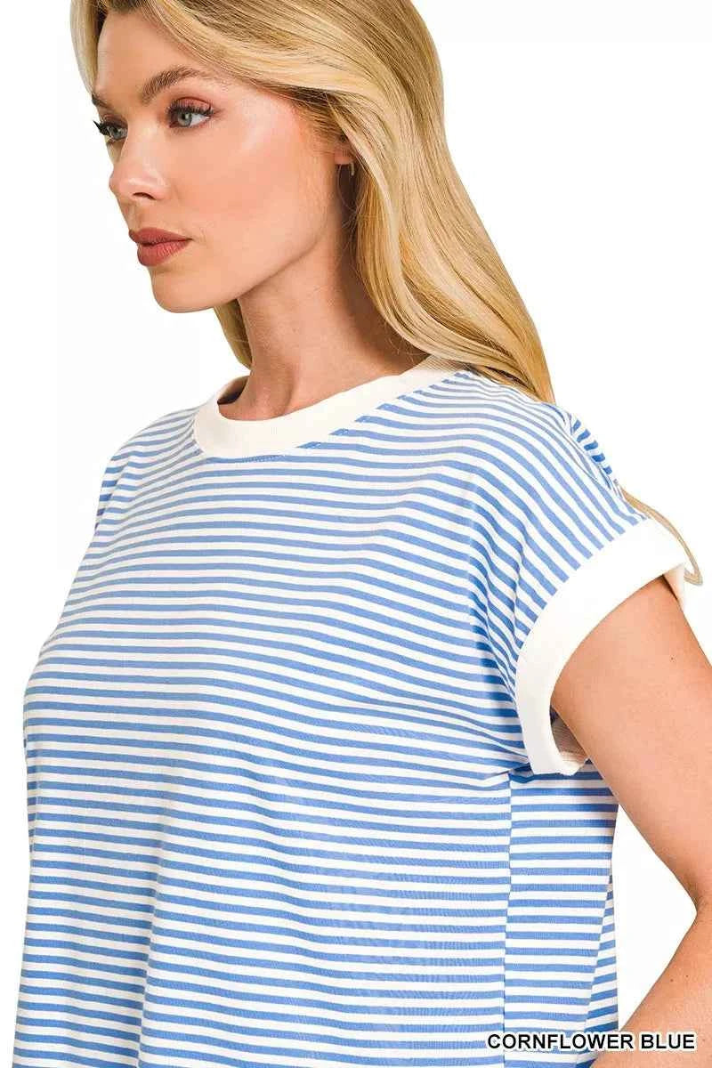 Zenana Striped Round Neck Short Sleeve Contrast Trim T-Shirt d3858c9864d14a1fad990c595248abdc-Max-Origin