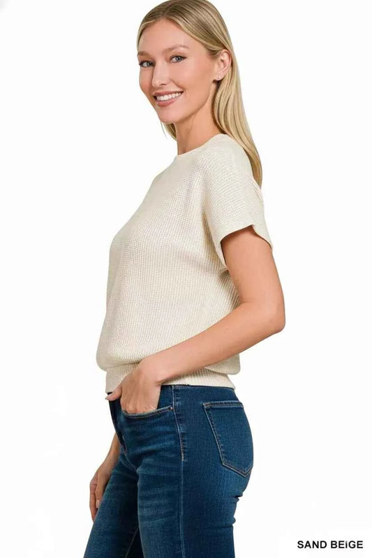 Round Neck Banded Botton Short Sleeve Sweater d38903c9-ab9d-459f-b540-9848af78cda9-Max-Origin
