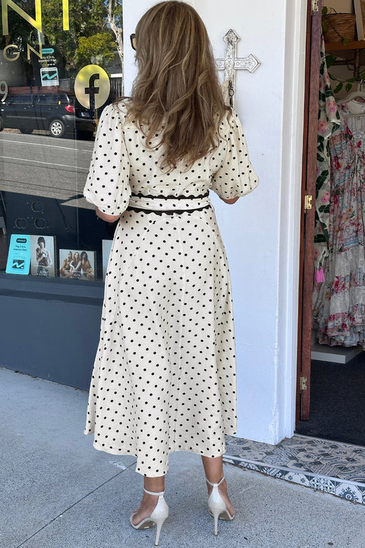 White ka Dot Printed Contrast Scalloped Trim Shirt Collar Button Down Belted Midi Dress d389b641ff52cf74