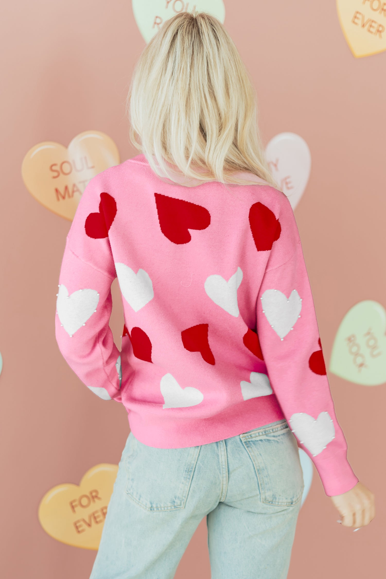 Pink Pearl Embellished Heart Pattern Valentines Day Sweater d38bd2b148ecdd96