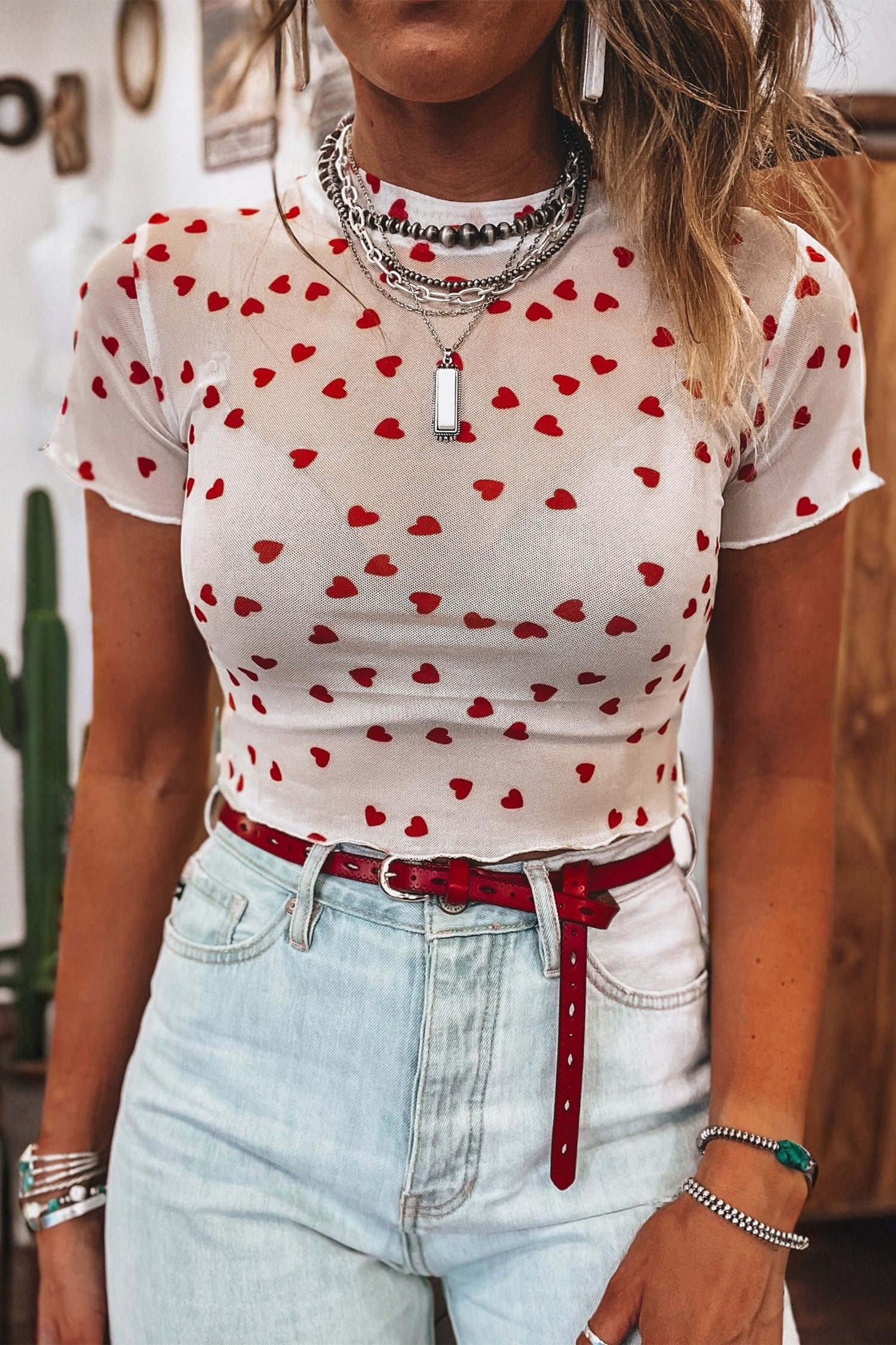 Racing Red Allover Heart Print Mesh Short Sleeve Top Red 95%Polyester+5%Elastane d38cc29db64cb204