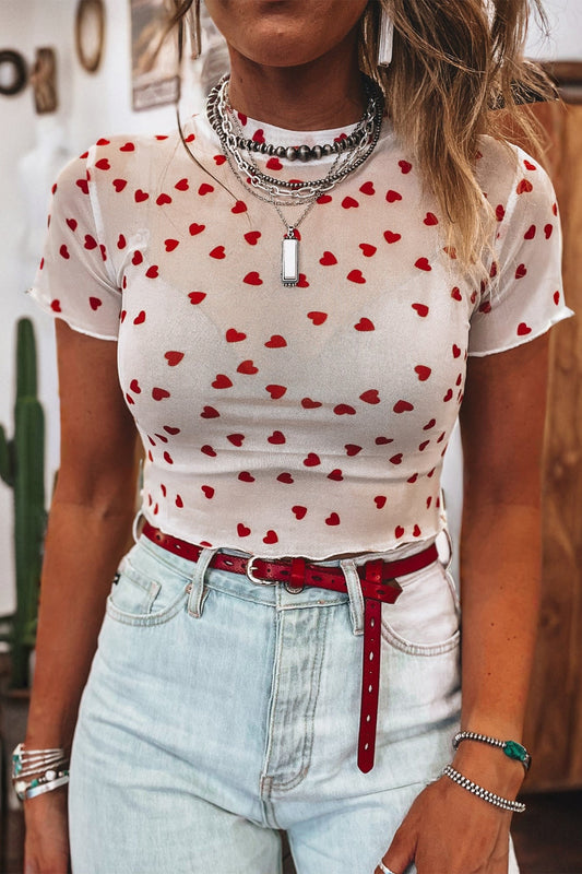Racing Red Allover Heart Print Mesh Short Sleeve Top Red 95%Polyester+5%Elastane d38cc29db64cb204