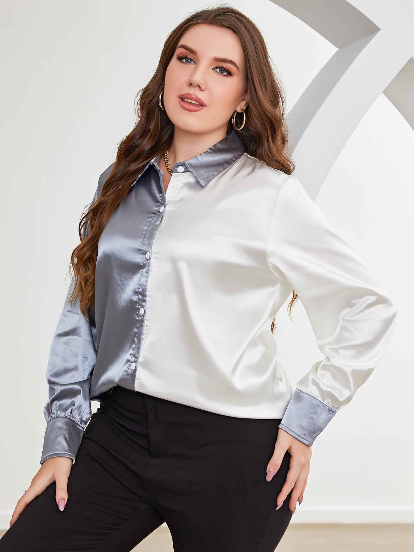 Plus Size Two-Tone Long Sleeve Shirt d392f6d170384dff84da8c9278d2b5a3-Max