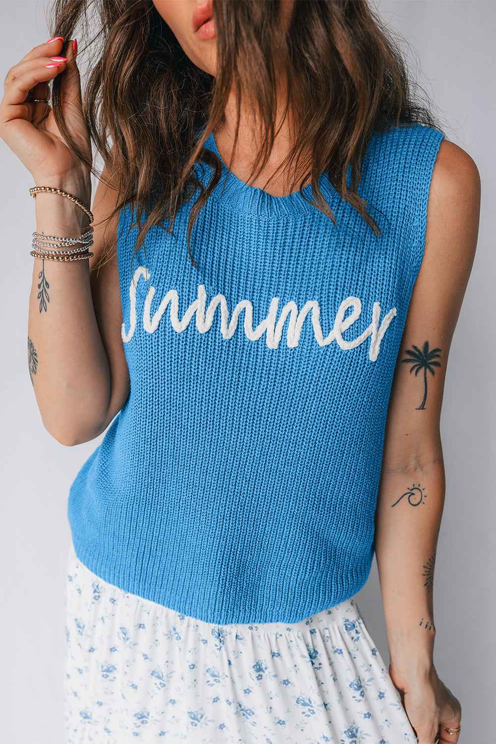 Dusk Blue Summer Script Graphic Sleeveless Sweater Vest Dusk Blue 100%Acrylic d39580e7fb461be5