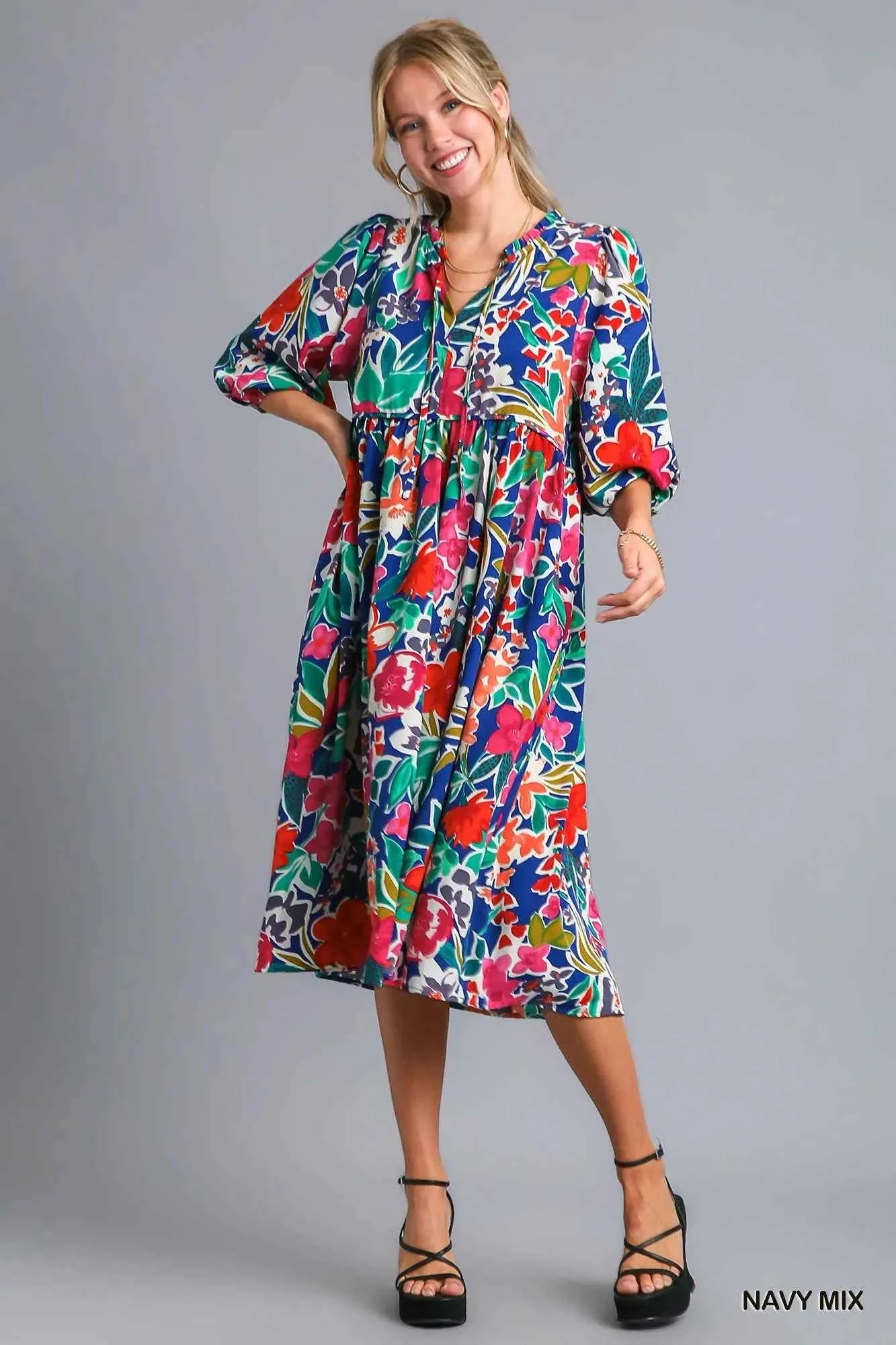 Umgee Floral Print Tie Neck Midi Dress with Pockets