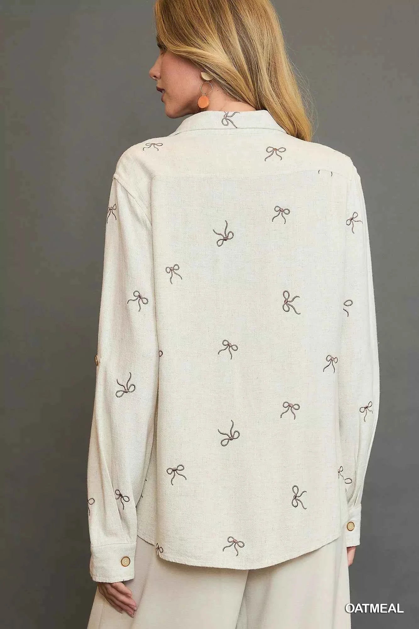 Umgee Linen Blend Fitted Shirt with Ribbon Embroidery Details