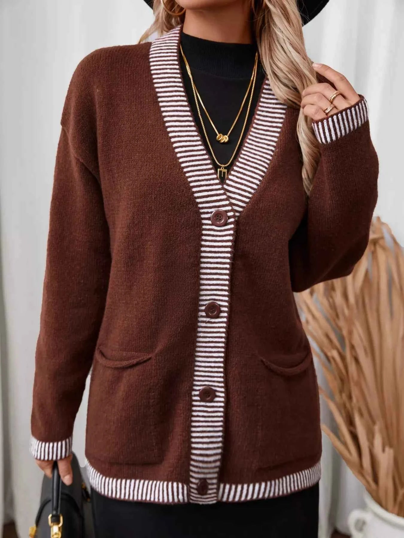 Striped Trim Button Front Pocket Knit Cardigan d3a076b4ef14405296d104edc76fff9d-Max-Origin
