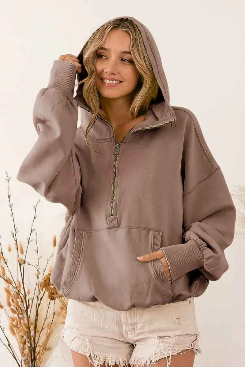 BiBi Stitch Detailed Elastic Hem Half Zip Fleece Hoodie d3a2ace74a2f48f087cec1cd7672881a-Max-Origin