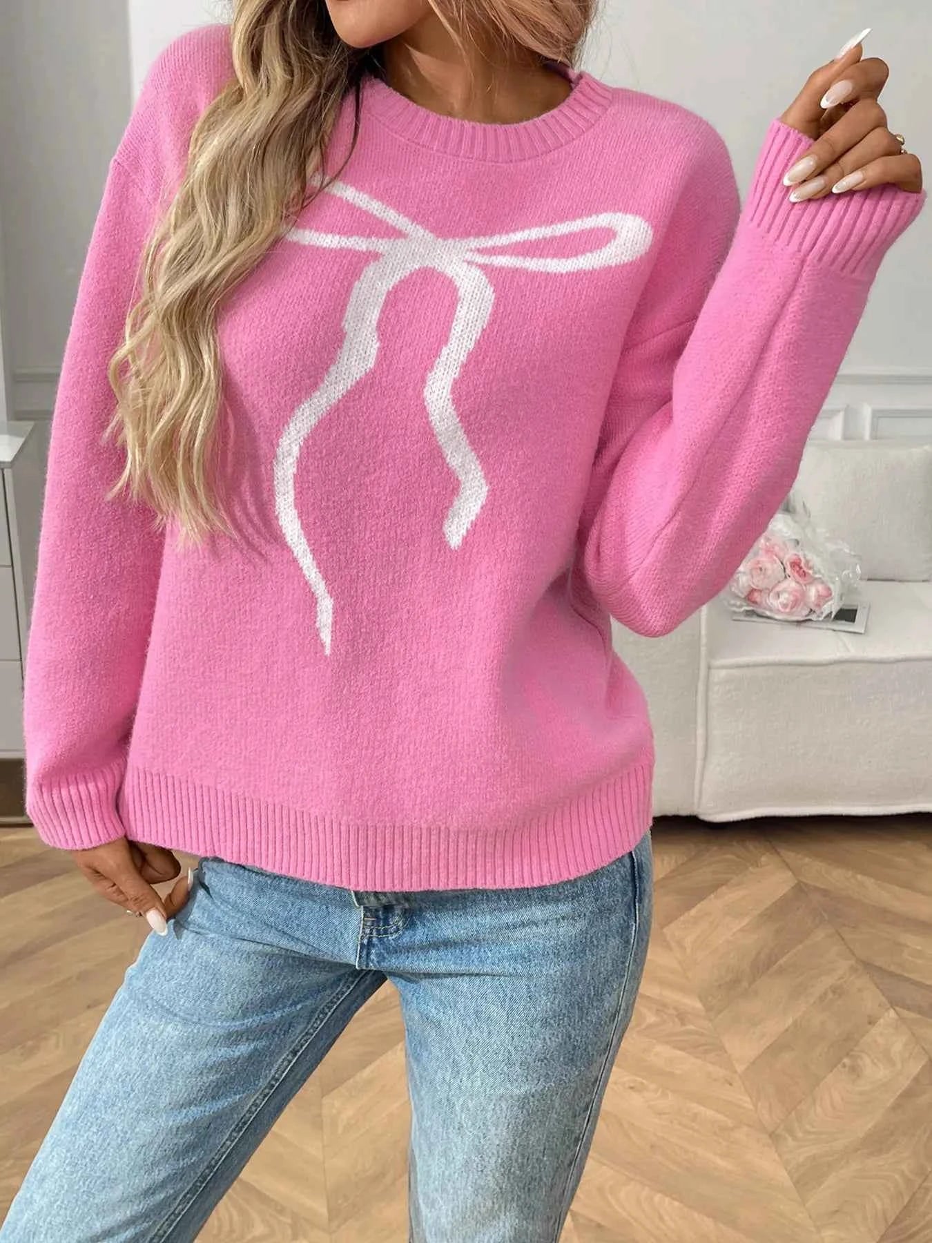 Bow Graphic Ribbed Hem Round Neck Sweater d3aac1d1104646a6900e13562d6bd610-Max-Origin