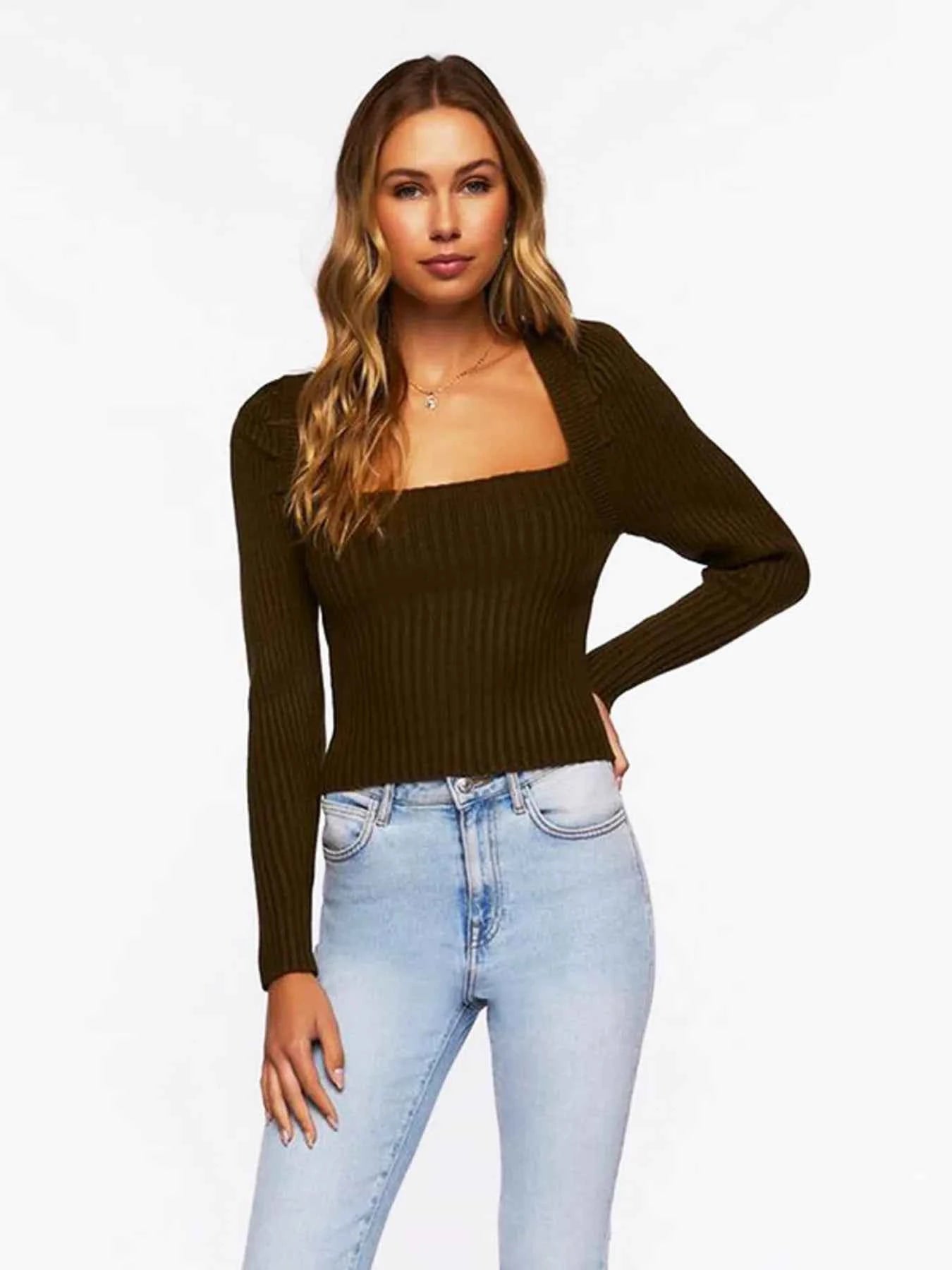 Ribbed Square Neck Long Sleeve Sweater Dark Brown d3b7d11a8a8441a685d24542b2f52497-Max-Origin