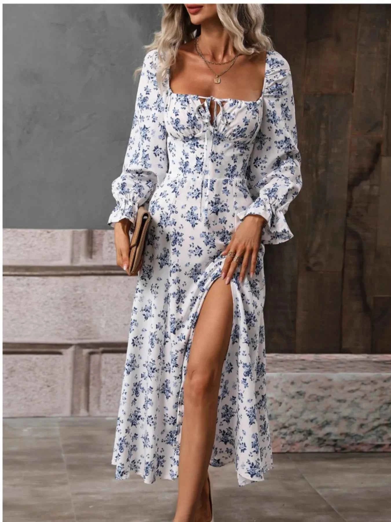 Floral Print Square Neck Flounce Sleeve Dress with Side Slit White d3b7f97ada9e4644a9f554e0c6363e6f-Max-Origin