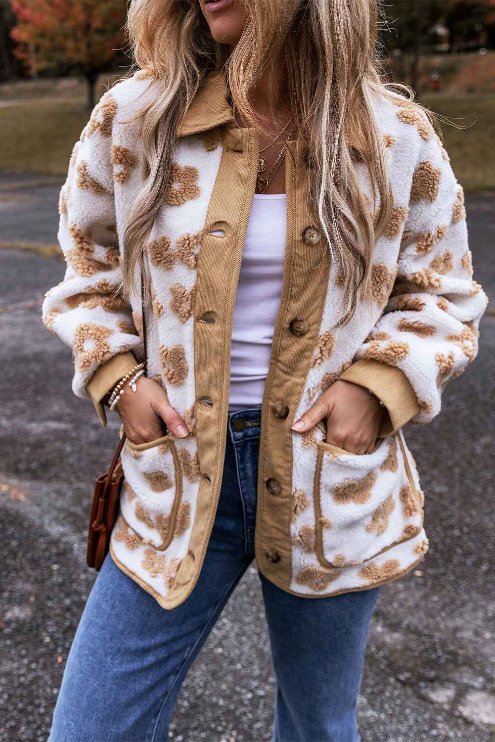 Light French Beige Cute Flower Pattern Button Up Fleece Jacket d3b8311b39e71209
