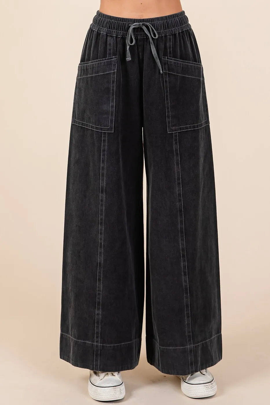 Mittoshop Mineral Wash Wide Leg Elastic Waist Twill Pants BLACK d3b9da884221474e92903cc291f26a7f-Max-Origin