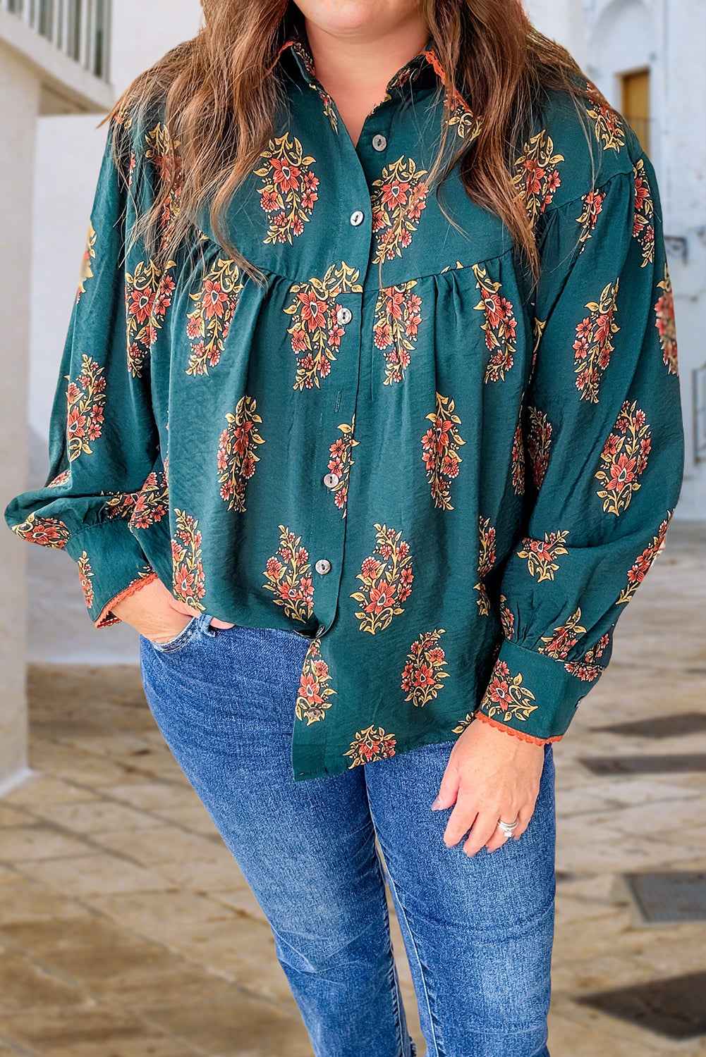 Green Plus Size Floral Print Contrast Lacy Trim Pleated Loose Shirt Green 100%Cotton d3bad6330c2a427a