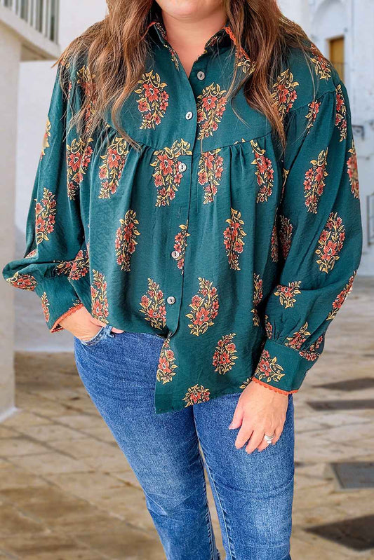 Green Plus Size Floral Print Contrast Lacy Trim Pleated Loose Shirt Green 100%Cotton d3bad6330c2a427a