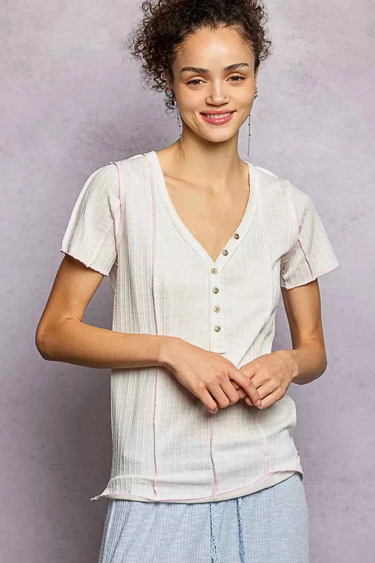V-Neck Short Sleeve Top with Stitch Seam Detail IVORY d3bce9df-c441-44e8-b6e6-6b7ea53bf1e5-Max-Origin