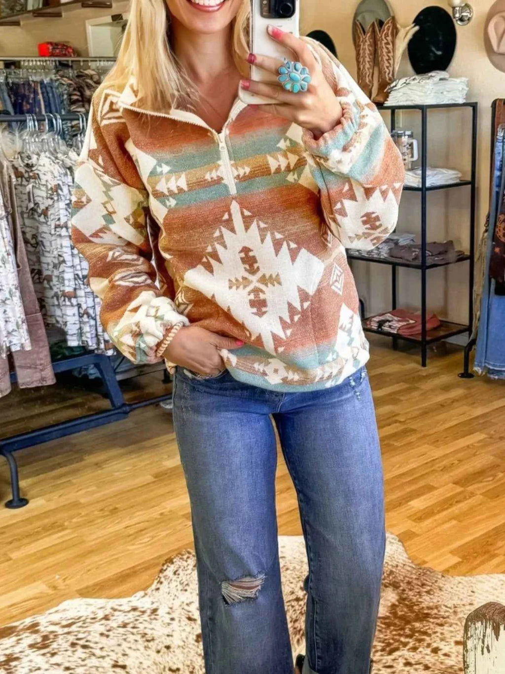 Quarter Zip Elastic Cuffs Aztec Sweatshirt d3bdb77c-215f-4a61-bb68-98882db894fe-Max-Origin