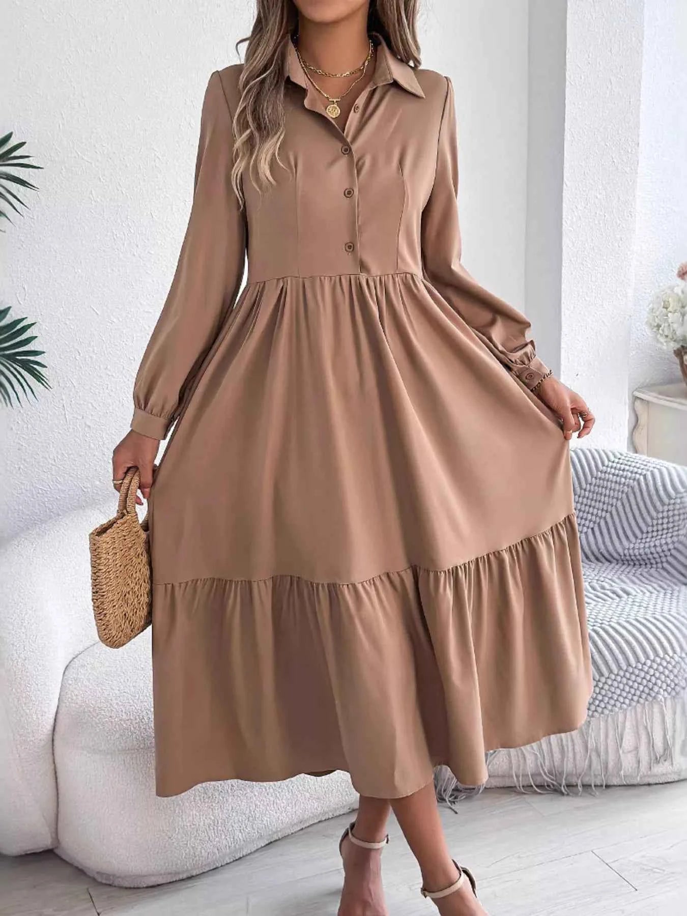 Long Sleeve Tiered Button Front Midi Dress Khaki d3bef843fe014aabbe2bb97150defe17-Max-Origin