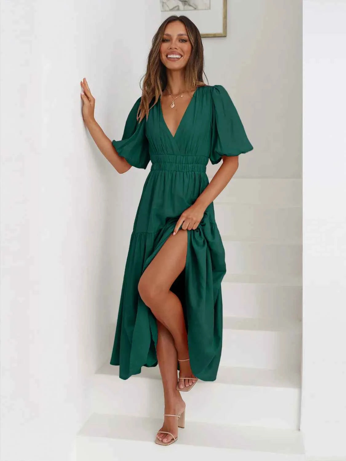 Tiered Surplice Half Sleeve Midi Dress Dark Green d3bf3d9e-241e-4043-af7b-b8190593aa1d-Max-Origin