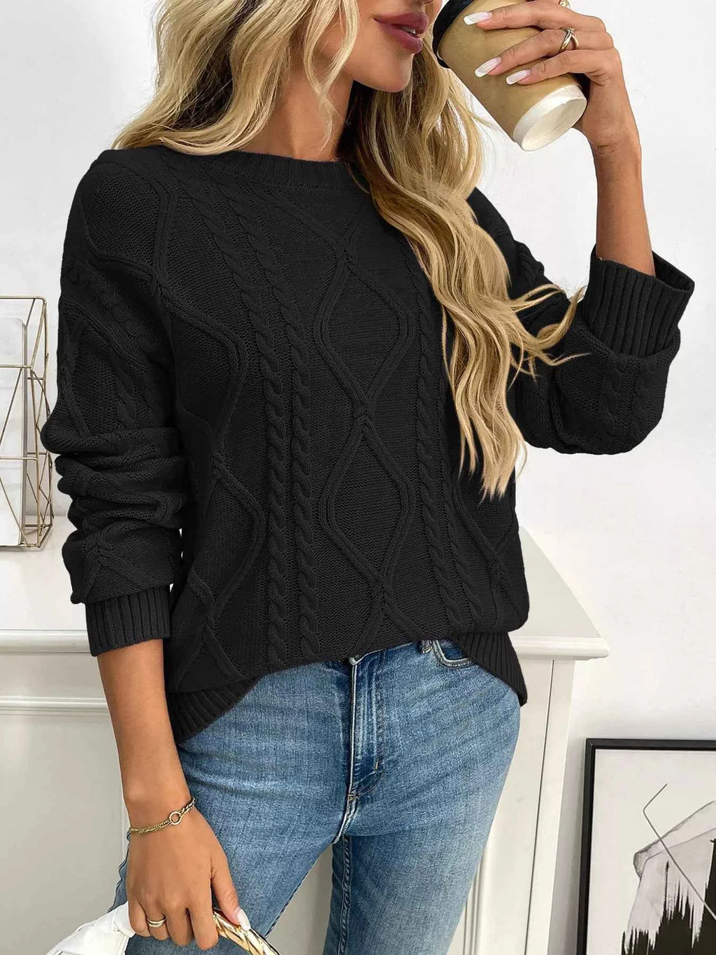 Cable Knit Round Neck Long Sleeve Sweater d3c22ccd697945b683428e52d031561b-Max-Origin