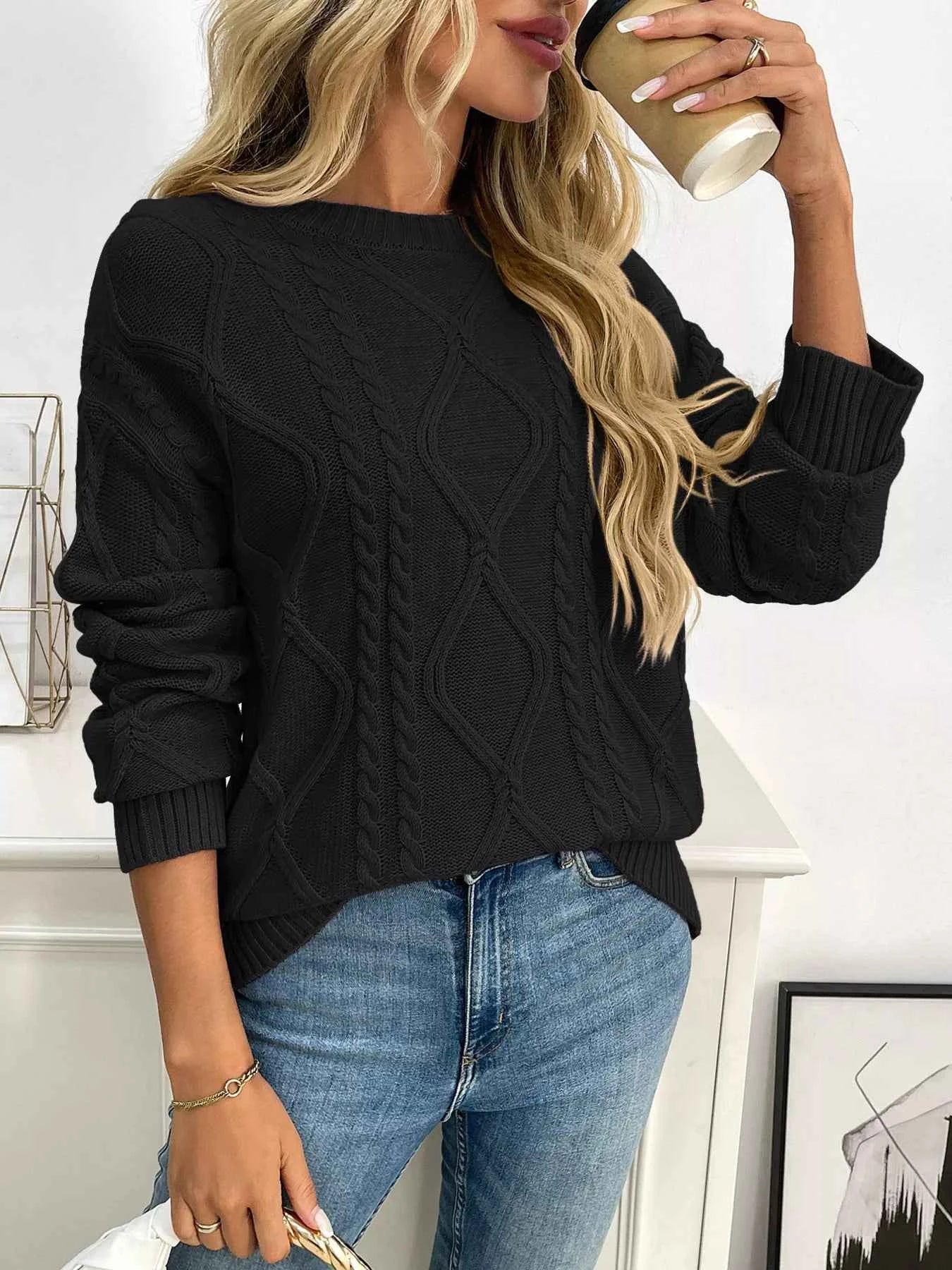 Cable Knit Round Neck Long Sleeve Sweater d3c22ccd697945b683428e52d031561b-Max-Origin