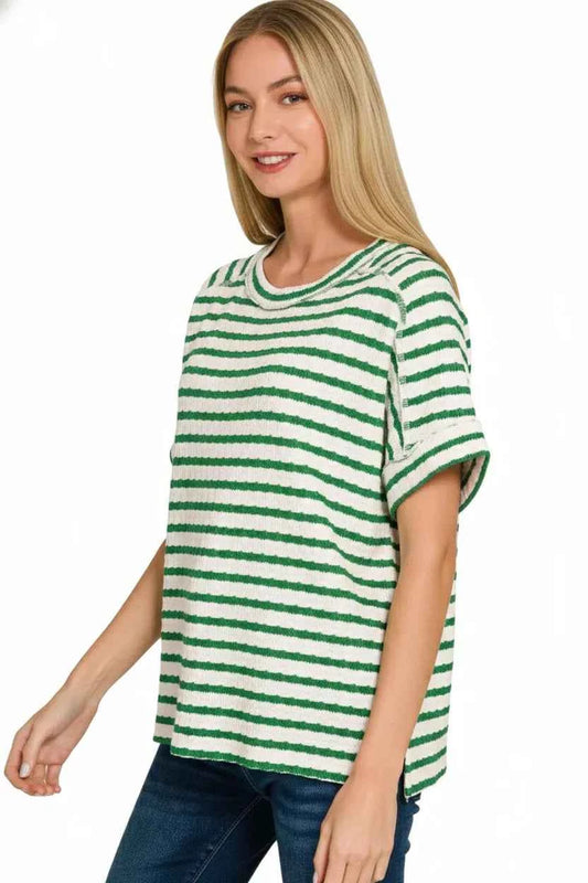 Zenana Stripe Jacquard Round-Meck Tee d3c4c136-9063-45ac-a698-2354477ed6f5-Max-Origin