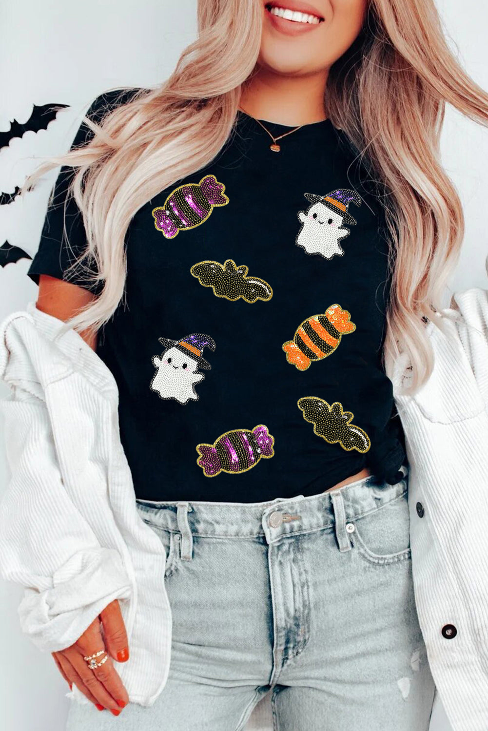 Black Halloween Spirit Pattern Sequins Patch Custom Casual Tee d3c6b824bfa4f321