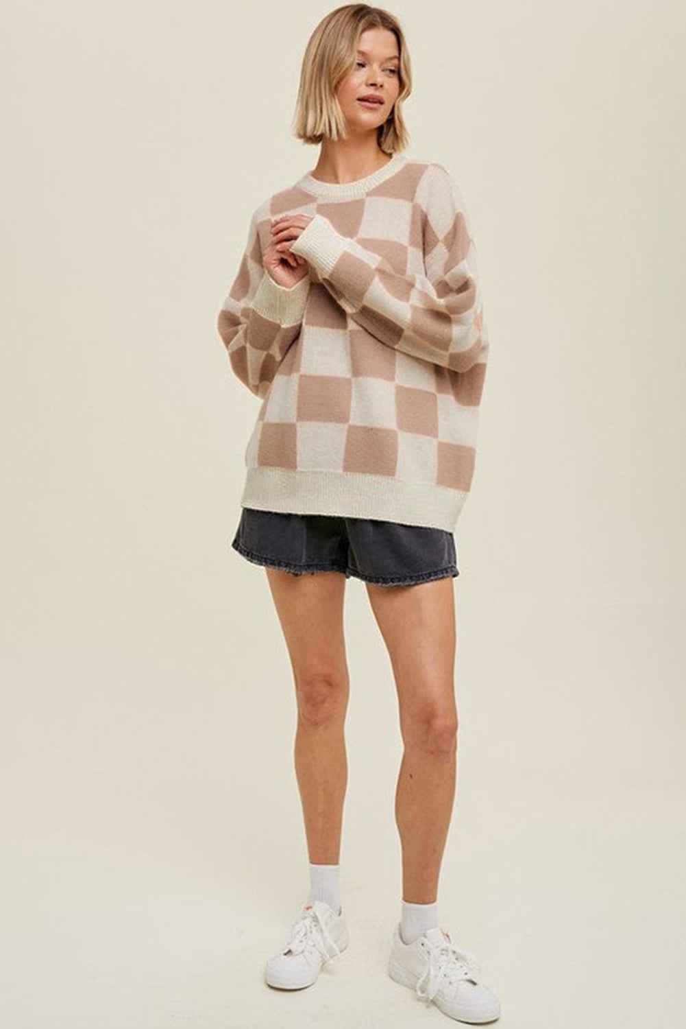 Parchment Checkered Pattern Ribbed Trim Knit Baggy Sweater d3c9a9ab5491b658