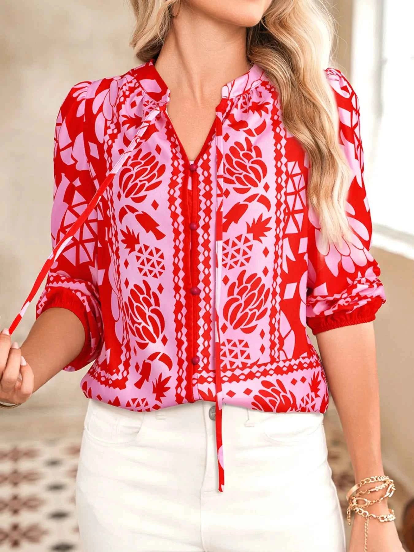 Floral Print Tie-Neck Button Down Shirt Strawberry d3ca1ca5-0fc8-417d-bca5-e90fd882721e-Max-Origin