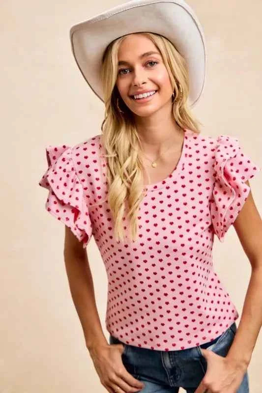 BiBi Heart Patterned Knit Ruffled Sleeves Top d3d27ff8-7fe4-4ec4-99a4-50772640effb-Max-Origin