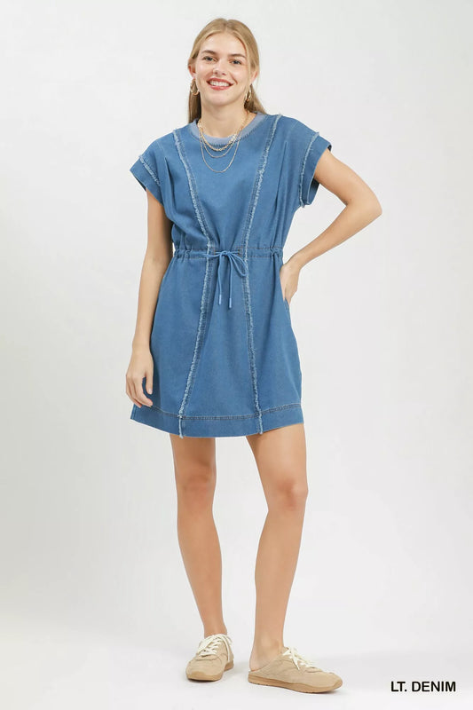 Drawstring Waist Frayed Denim Mini Dress d3dd3b58-99e4-47b6-b454-7cb444ffcb7e-Max-Origin