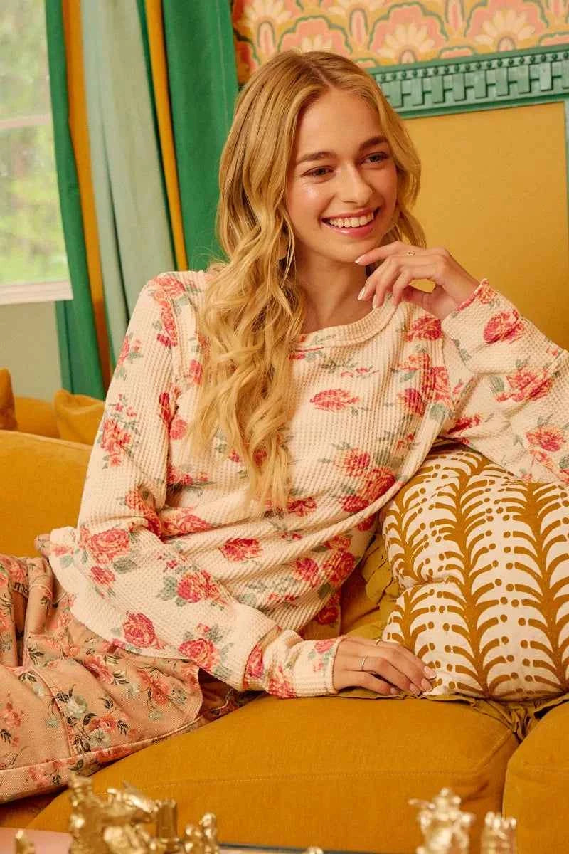 BiBi Floral Print Washed Waffle Thermal Top With Thumb d3e00e1e93df4240a72dd0d46794e9f2-Max-Origin