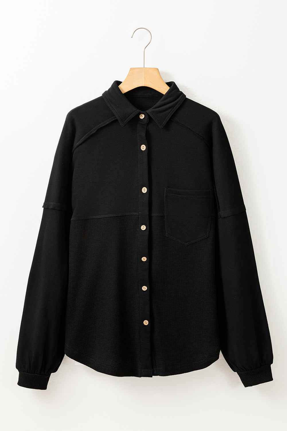 Black Waffle Knit Patchwork Exposed Seam Loose Shacket d3e554dc3d65b988