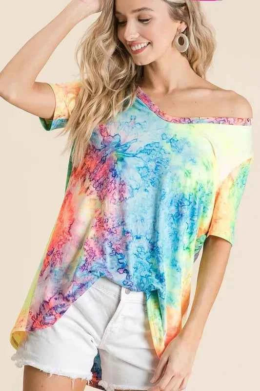 BiBi Tie Dye Print Jersey V Neck Top MULTI d3e62eb436c5485da6241853ac29ff37-Max-Origin