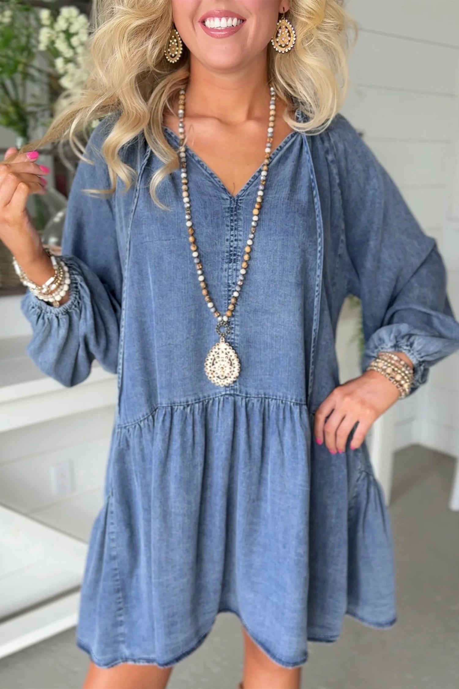 Myosotis Puff Sleeve V Neck Ruffled Loose Denim Mini Dress d3e8932d87a9016b